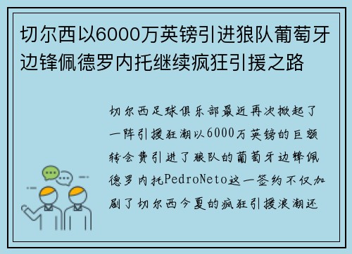 切尔西以6000万英镑引进狼队葡萄牙边锋佩德罗内托继续疯狂引援之路
