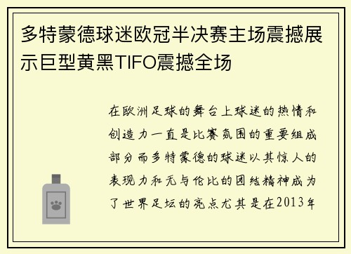 多特蒙德球迷欧冠半决赛主场震撼展示巨型黄黑TIFO震撼全场