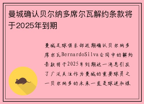 曼城确认贝尔纳多席尔瓦解约条款将于2025年到期 曼城确认贝尔纳多席尔瓦解约条款将于2025年到期